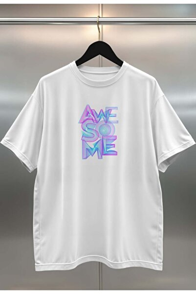 buzagi Awesome Digital Print Oversize White Unisex T-Shirt