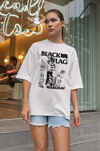 buzagi tasarım ürünleri Black Flag Oversize Unisex White T-Shirt