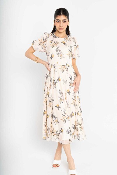 mica Floral Short Sleeve Midi Dress with Round Collar