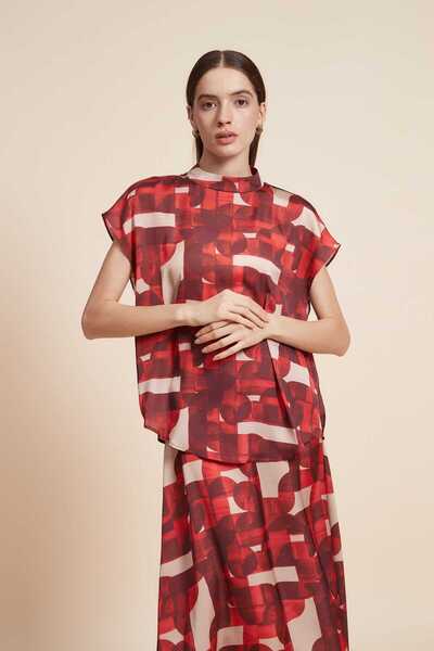 Yola Short Sleeve Printed Blouse with High Neck
