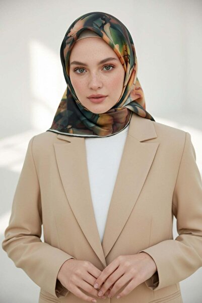Vissona %100 Twill İpek Batik Çiçek Desenli Zümrüt Yeşili - Hardal Renkli 90x...