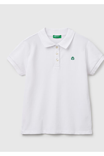 United Colors of Benetton Kız Çocuk Beyaz Logolu Pike Polo T-Shirt