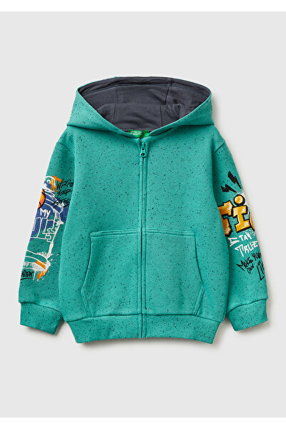 United Colors of Benetton Erkek Çocuk Yeşil Fermuarlı Kol Baskılı Kapüşonlu S...
