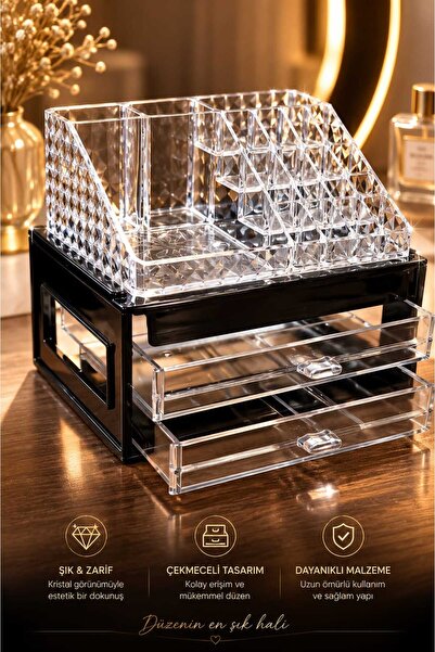 Limeks Home 16 Compartment Black Case Makeup Organizer with Drawers Transpare...