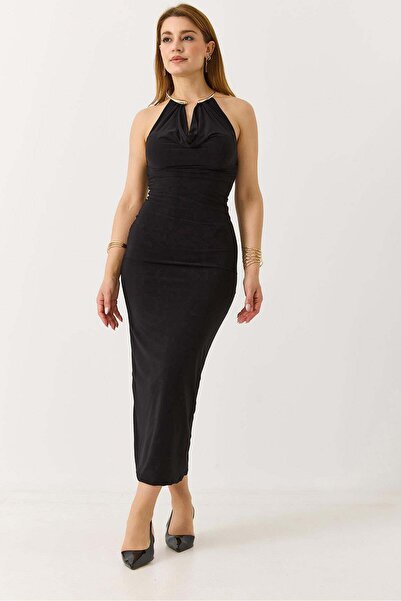Raneel Kazançlı Alışveriş Women's backless long dress with back slit - black