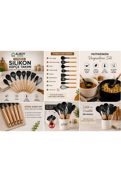 ALBOY HOME 9 Parça Silikon Kepçe Takımı Ahşap Saplı Premium Mutfak Seti