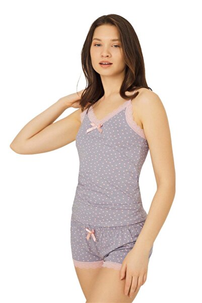Cottonhill Gri Desenli İnce Askılı Şortlu Pamuklu Pijama Takımı