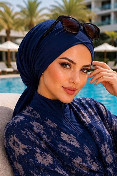 Aişe tesettür Lacivert Çapraz Deniz - Havuz Bonesi
