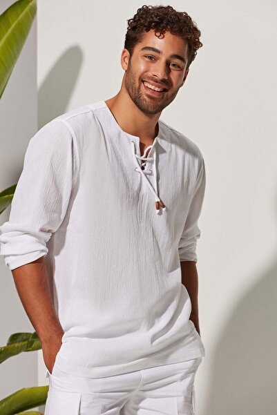 White By Nature Uzun Kol Zımbalı Şile Bezi Erkek T-Shirt
