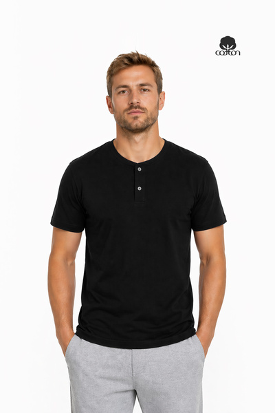 Cottonland Erkek Henley Rahat Kesim Düğmeli Kısa Kollu Pamuk T-shirt Siyah