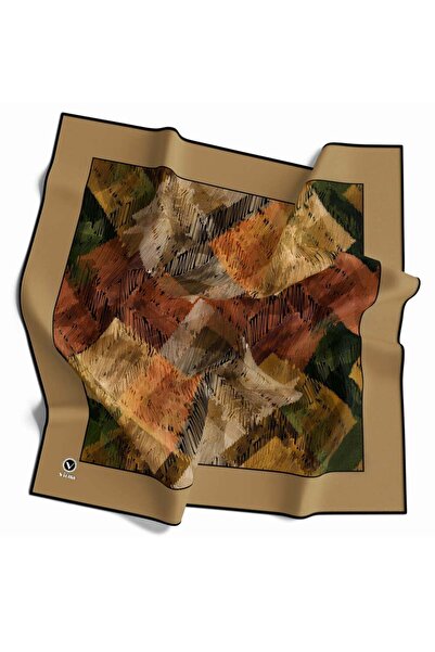 VİOLLA Soft Twill Bordürlü Karalama Desenli Bej Renkli 90x90 Eşarp (İpek İçer...