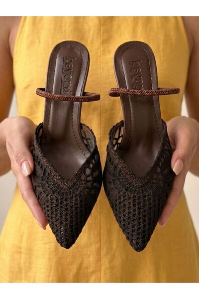 Beyond Women's Brown Knitwear Strappy Pointed Toe Evening Dress Shoes 8.5cm B...