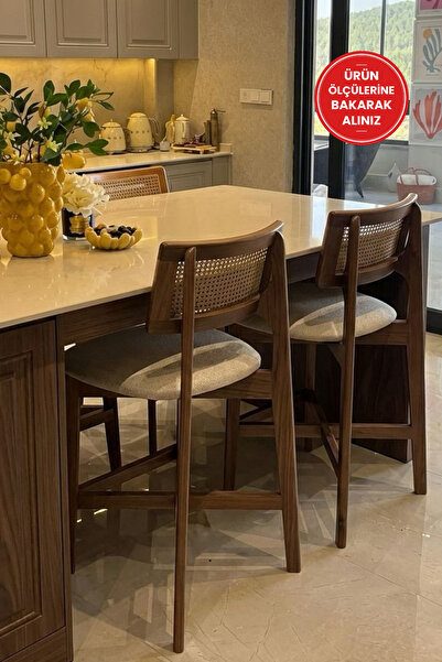 silla 2'li Zion Bar Sandalyesi Teddy Krem Kumaş Hasırlı Ceviz Ahşap Ada Sanda...