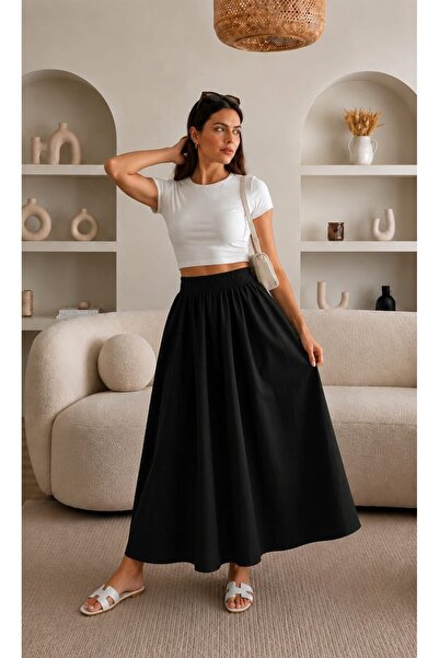 Gülmude Çift Cepli Poplin Kumaş Beli Lastikli İç Göstermez Maxi Etek (90 CM)