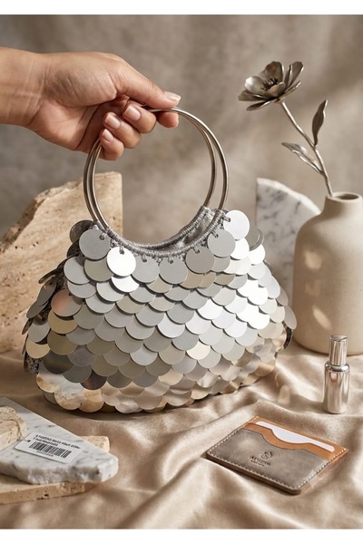 design bk Gümüş gri mango pullu çanta