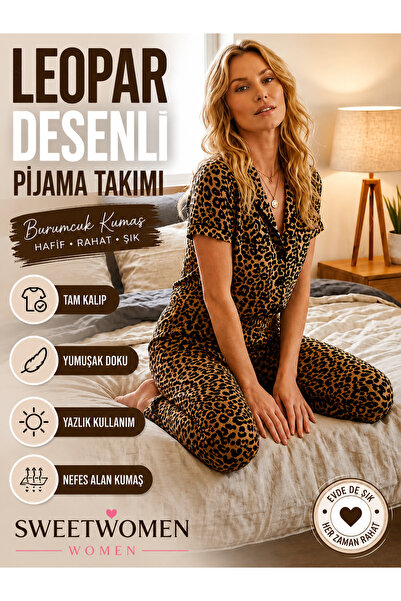FİT WOMEN Kadın Leopar Desenli Bürumcük Kumaş Pijama Takımı Yazlık Rahat Kalı...