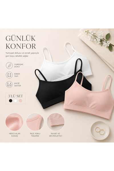 Twentyipek Kadın Renkli 3'Lü Ip Askılı Pedli Yarım Atlet 95% Pamuk,