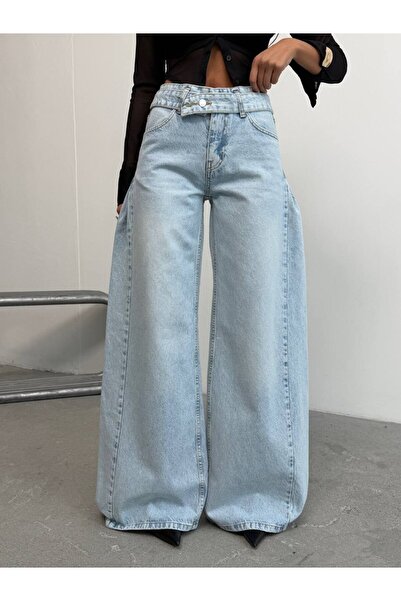 HerTon Pantaloni de damă asimetrici cu talie dublă, cu picior larg, din denim