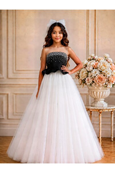 By Feyza Kids Collection Rochie de bal din tul cu perle pentru fete, cu trenă...