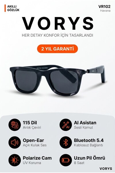 VORYS VR102 Yapay Zeka Akıllı Gözlük 115 Dil Çeviri Bluetooth Açık Kulak Müzi...