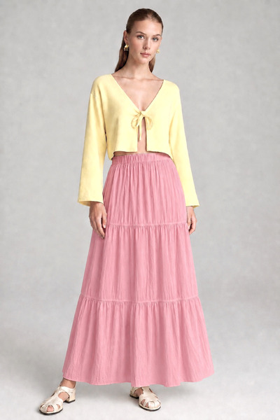 Kahra Collection Pembe Vual Katlı Kırışık Model Astarlı Crush Etek