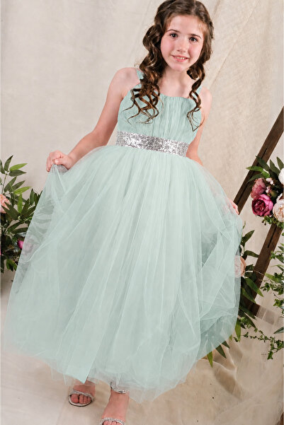MİSS RONA KİDS Back Gipeli Tutu Skirt Girls' Satin Party Evening Dress Mint C...