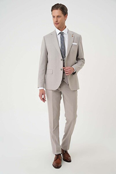 Efor Slim Fit Çift Yırtmaç Keten Yelekli Klasik Taş Takım Elbise Tk 914