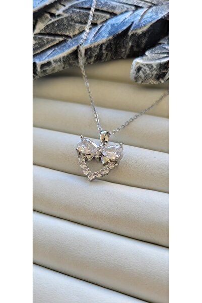 YİĞİTKARANAKSESUAR 316L Stainless Steel Zircon Stone Silver Heart & Bow Model...
