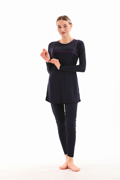 BEMOL GİYİM Closed Purple Ribbed Hijab Swimsuit Navy Blue