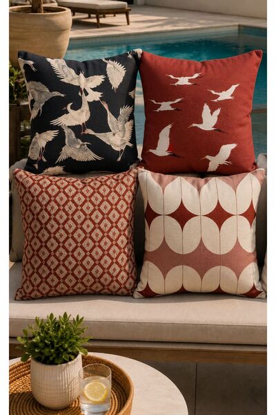 fdm desıgn Retro Geometrik ve Kuş Desenli 4’lü Kırlent Kılıfı Seti Kırmızı 43x43