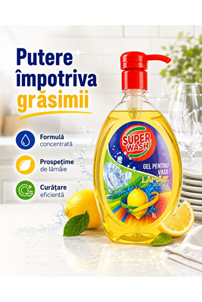 Super wash Detergent pentru vase Super Wash, Lamaie, 1 L, concentrat, cu glic...