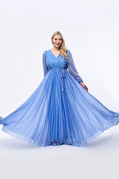 KIRIŞIK Rochie de seară lungă, elegantă, din tul cu sclipici, cu decolteu dub...
