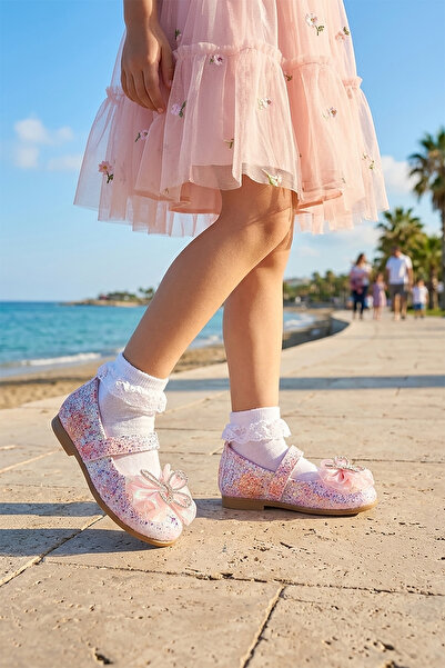 Kiko Kids Zoe Cırtlı Taşlı Fiyonk Kız Bebek / Çocuk Babet Ayakkabı