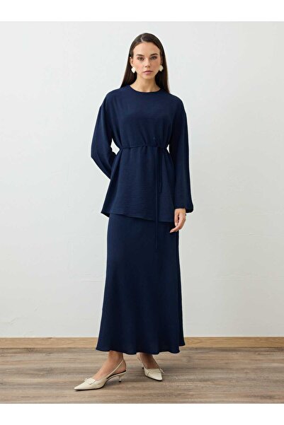 Refka Tunic Skirt Double Set with Tie Detail at the Waist - Navy Blue -