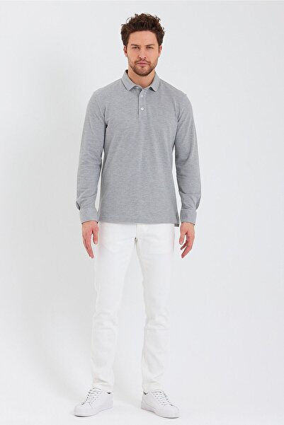 ENQUE Men's Polo Neck Comfort Long Sleeve Basic Gray T-Shirt