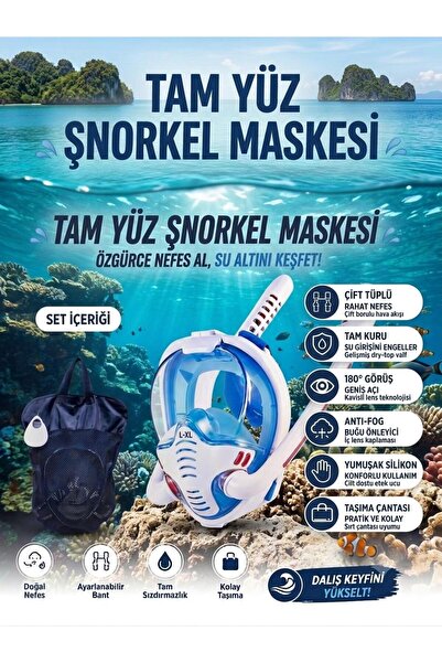 FORTİCO Full Face Dalış Gözlüğü Çift Tüplü Şnorkel Maskesi (S-M) Beden Tam Ku...