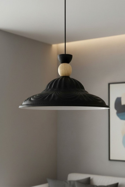Bamyum Ralivo Siyah Metal Avize Tekli Ahşap Şapka Başlık Mutfak Modern Dekora...