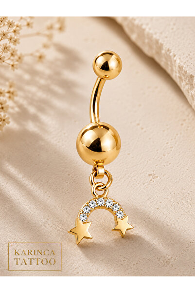 Karınca Piercing Zirkon Taşlı Gökkuşağı Rainbow Altın Rengi Gold Göbek Pierci...