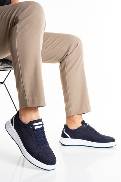 Fame Step Hakiki Deri Erkek Sneaker Ayakkabı Lacivert Delikli Nefes Alan Günl...
