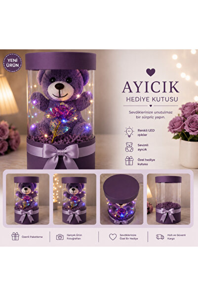 Floroon gift Led Işıklı ve Mor Sonsuzluk Güllü Ayıcık Hediye Kutusu | Romanti...