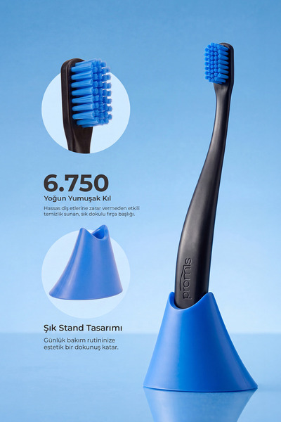 Promis Box Siyah Diş Fırçası + Stand – 6750 Yumuşak Kıl, Biyoplastik Sap