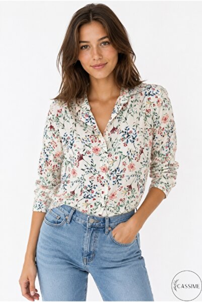 Cassime Women's Pink Floral Patterned Folded Viscose Shirt with Buttons