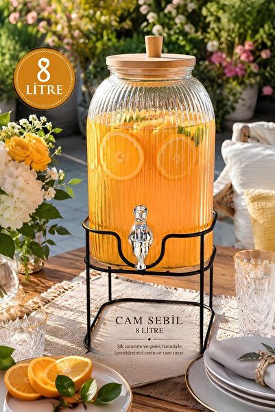 Albergio 8 Litre Cam Şerbetlik Sebil | Standlı Vakumlu Bambu Kapaklı Su ve İç...