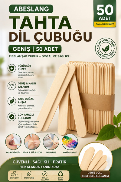 ANI OFİS KIRTASİYE A K Abeslang Tahta Dil Çubuğu – Geniş | 50 Adet Tıbbi Ahşa...