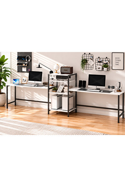 KEKE Reversible 2 Person Computer Desk with 4-Tier Storage Shelf, L-Shaped Co...