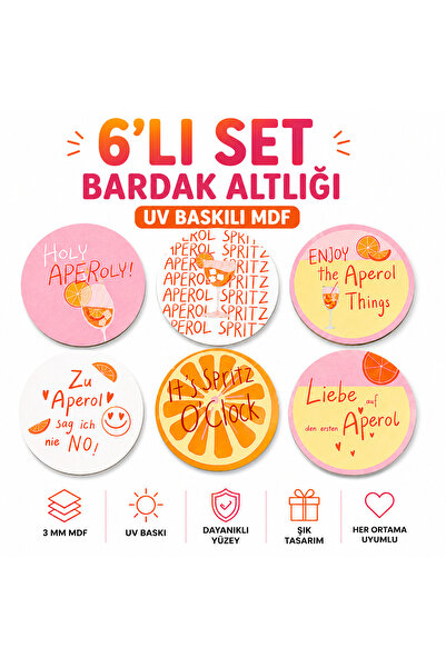 kids town 6'lı Aperol Temalı Bardak Altlığı Seti | UV Baskılı MDF Kokteyl ve ...