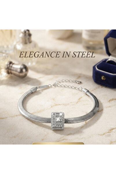 stainless steell silver renk E harf çelik bileklik