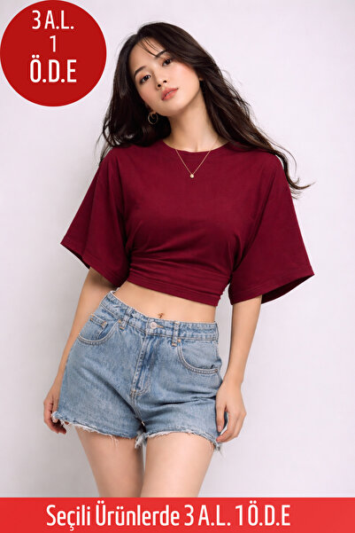 COMBİNE MİCHAİL Kadın Yazlık Kısa Kollu Bordo Crop Bluz
