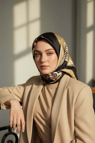 Vissona %100 Twill İpek Leopar Ve Geometrik Desenli Hardal Renkli 90x90 Eşarp...