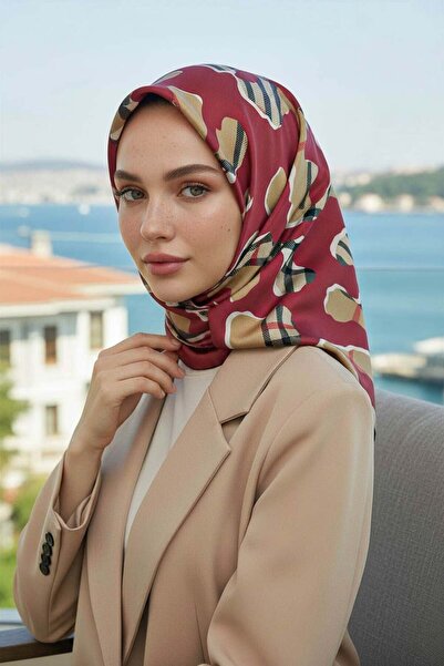 Vissona 100% Twill Silk Leopard Patterned Claret Red - Beige Colored 90X90 Sc...